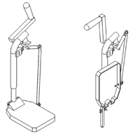 Drawing of the wheelchair footrest with retraction device attached.  The left image shows the footrest in its horizontal (or seated) use position.  The right image shows footrest in a vertical retracted position, and whereby the device handle is raised to a position appropriate for use as a support during sit to stand.
